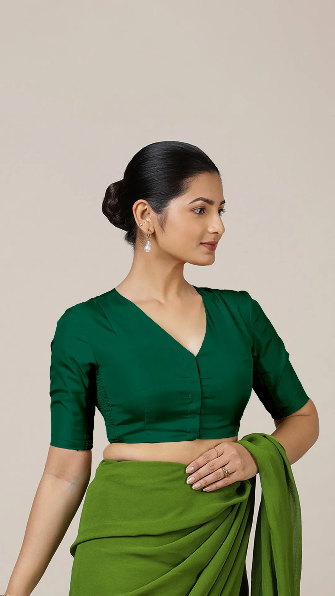 Begum x Rozaana | Elbow Sleeves Saree Blouse in Bottle Green