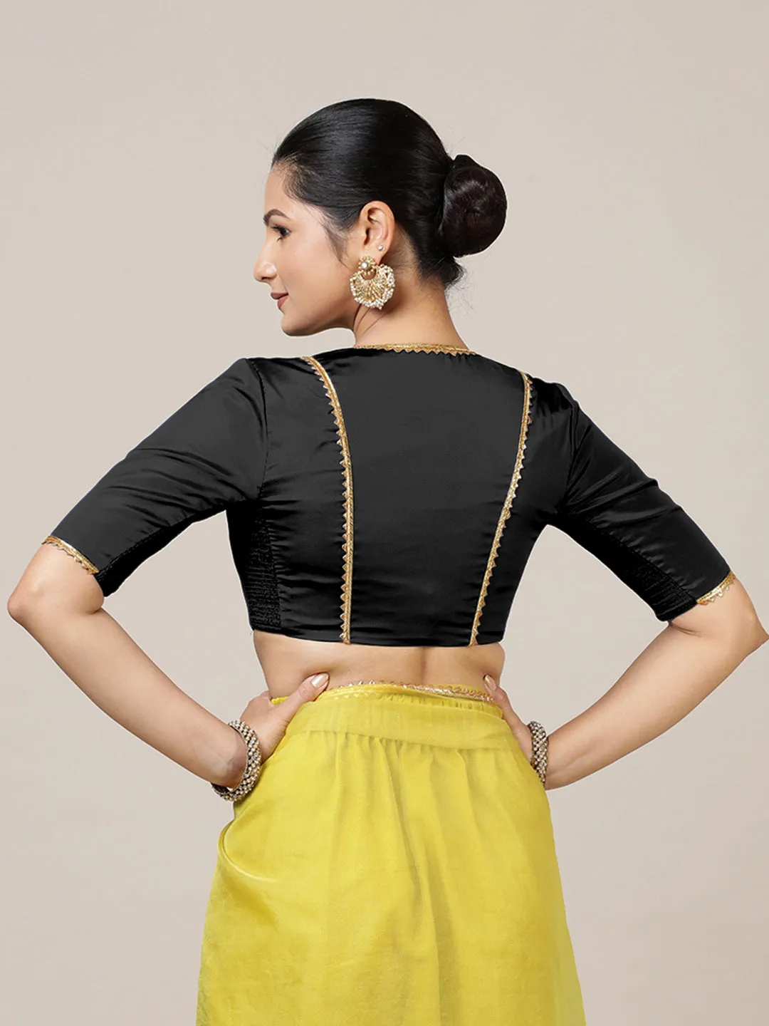 Begum x Tyohaar | Elbow Sleeves Saree Blouse in Charcoal Black