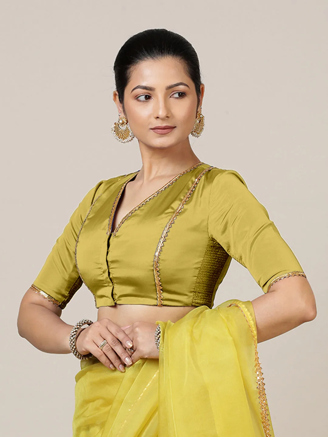 Begum x Tyohaar | Elbow Sleeves Saree Blouse in Lemon Yellow