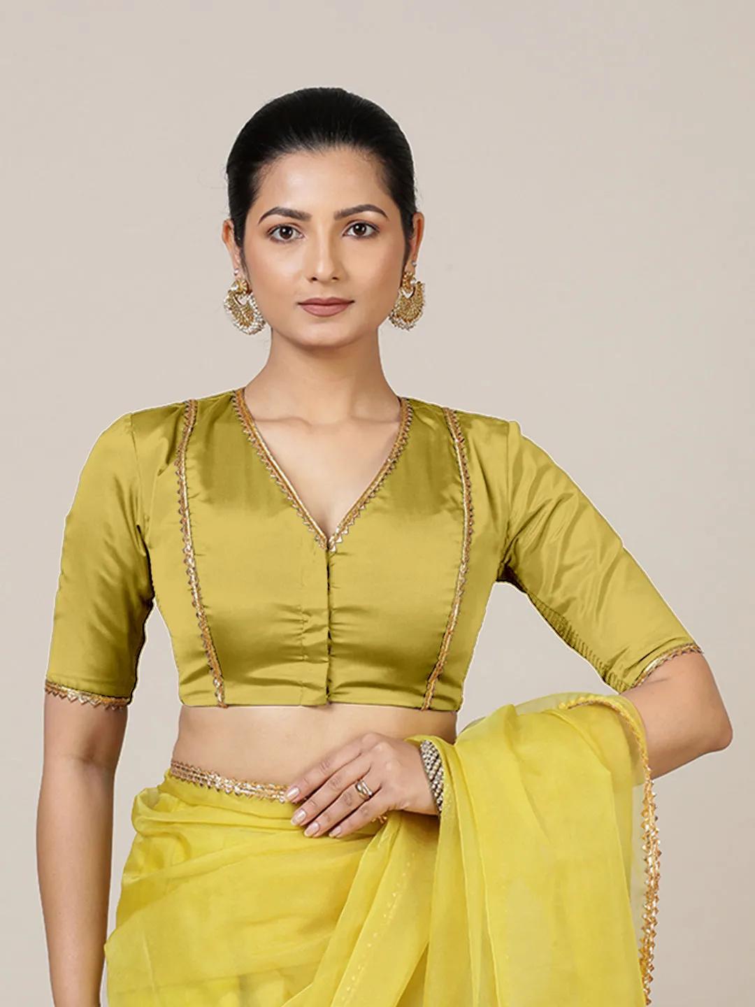 Begum x Tyohaar | Elbow Sleeves Saree Blouse in Lemon Yellow