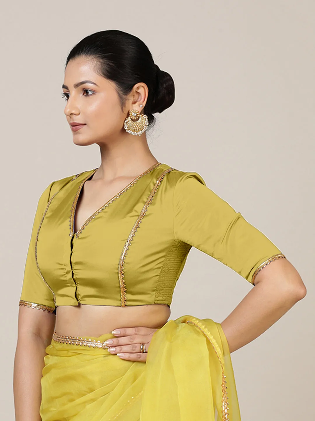Begum x Tyohaar | Elbow Sleeves Saree Blouse in Lemon Yellow