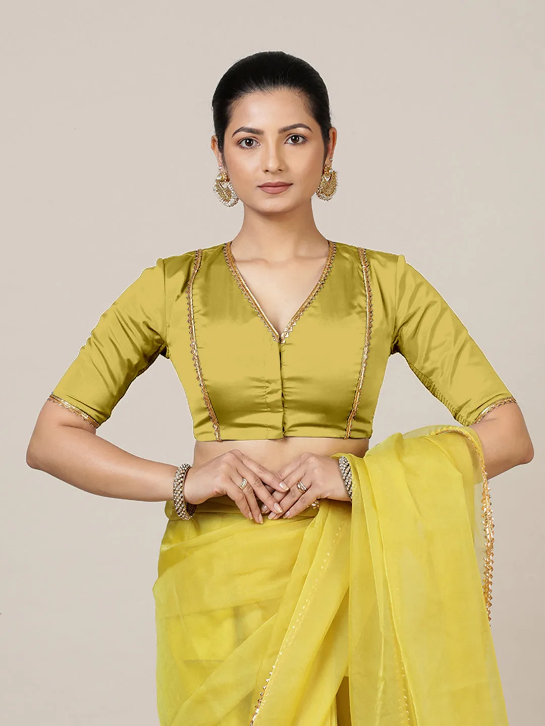 Begum x Tyohaar | Elbow Sleeves Saree Blouse in Lemon Yellow