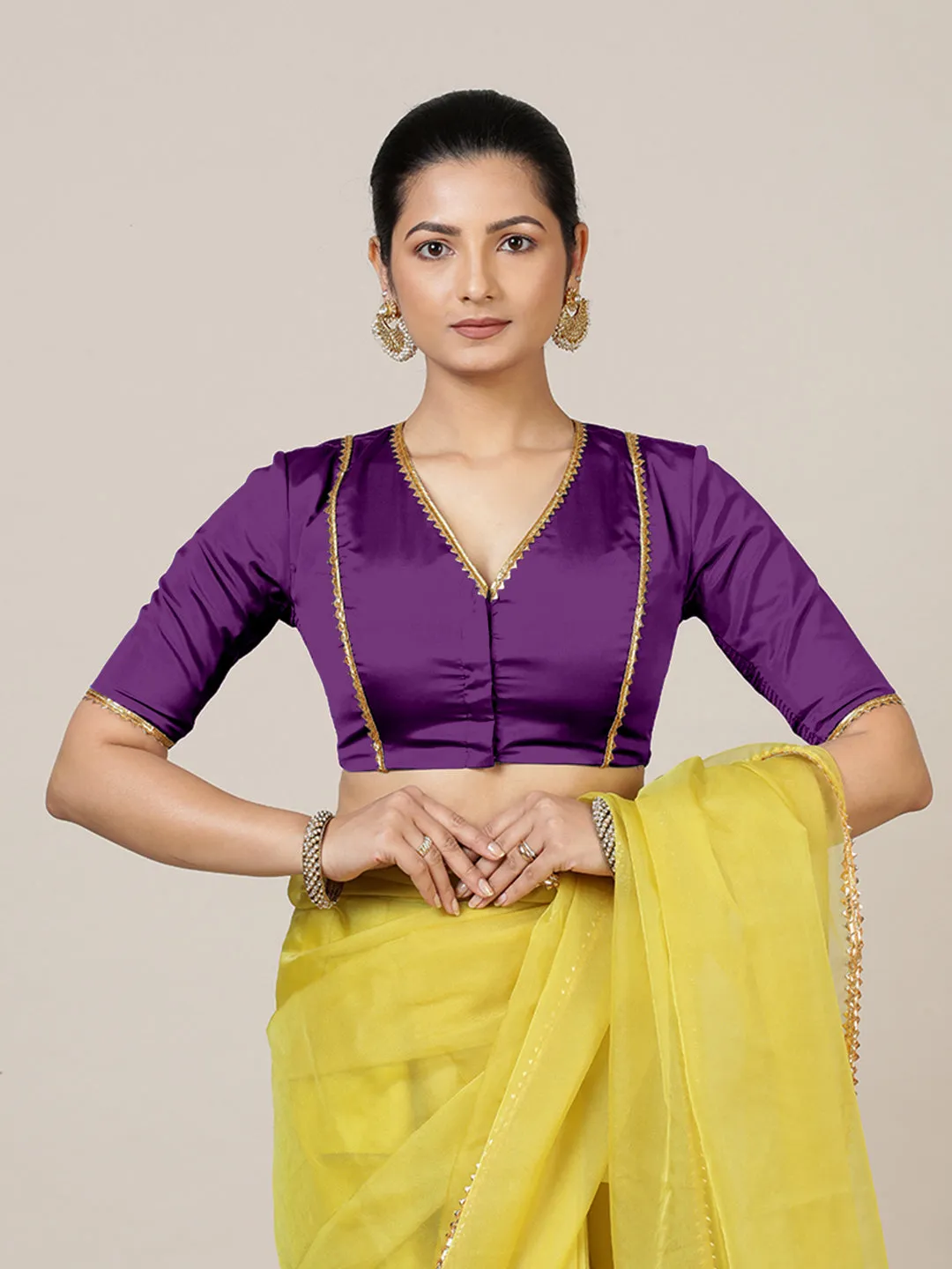 Begum x Tyohaar | Elbow Sleeves Saree Blouse in Purple