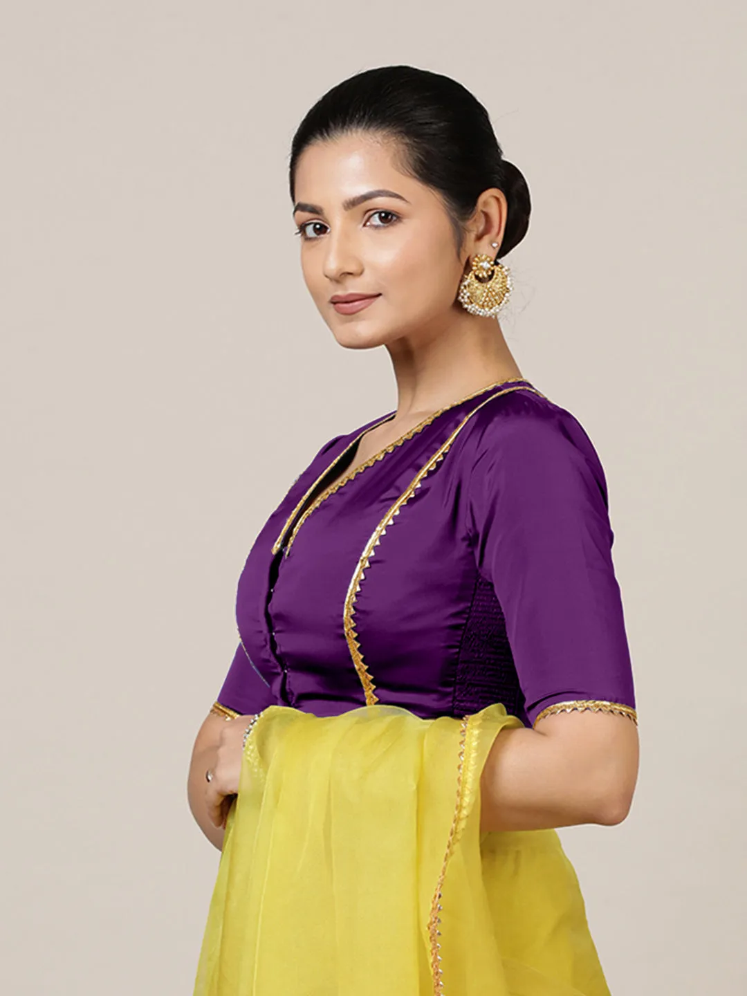 Begum x Tyohaar | Elbow Sleeves Saree Blouse in Purple