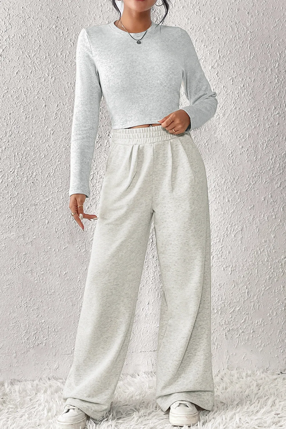 Beige Crop Top and Wide Leg Pants Two Piece Set