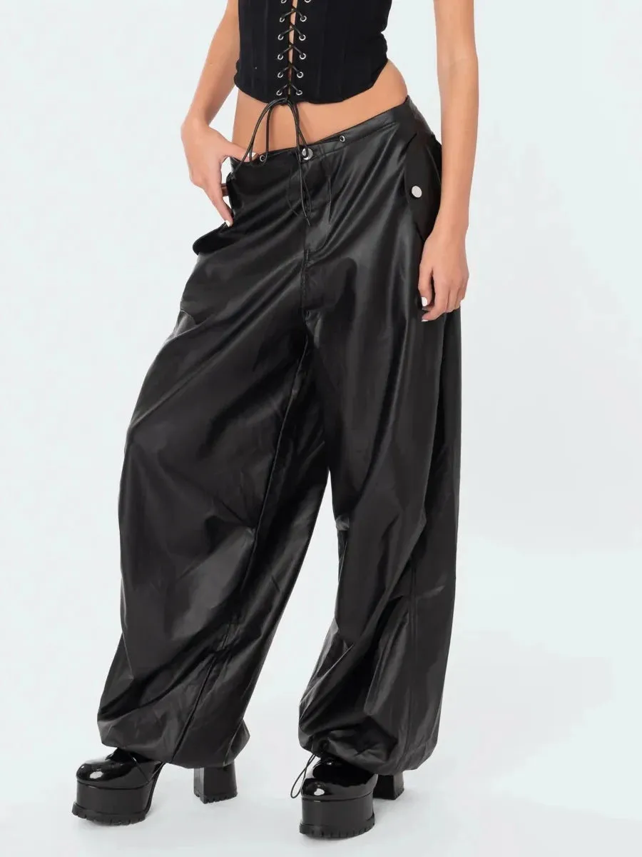 Black PU Leather Cargo Baggy Low Waist Drawstring Button Long Streetwear Pants