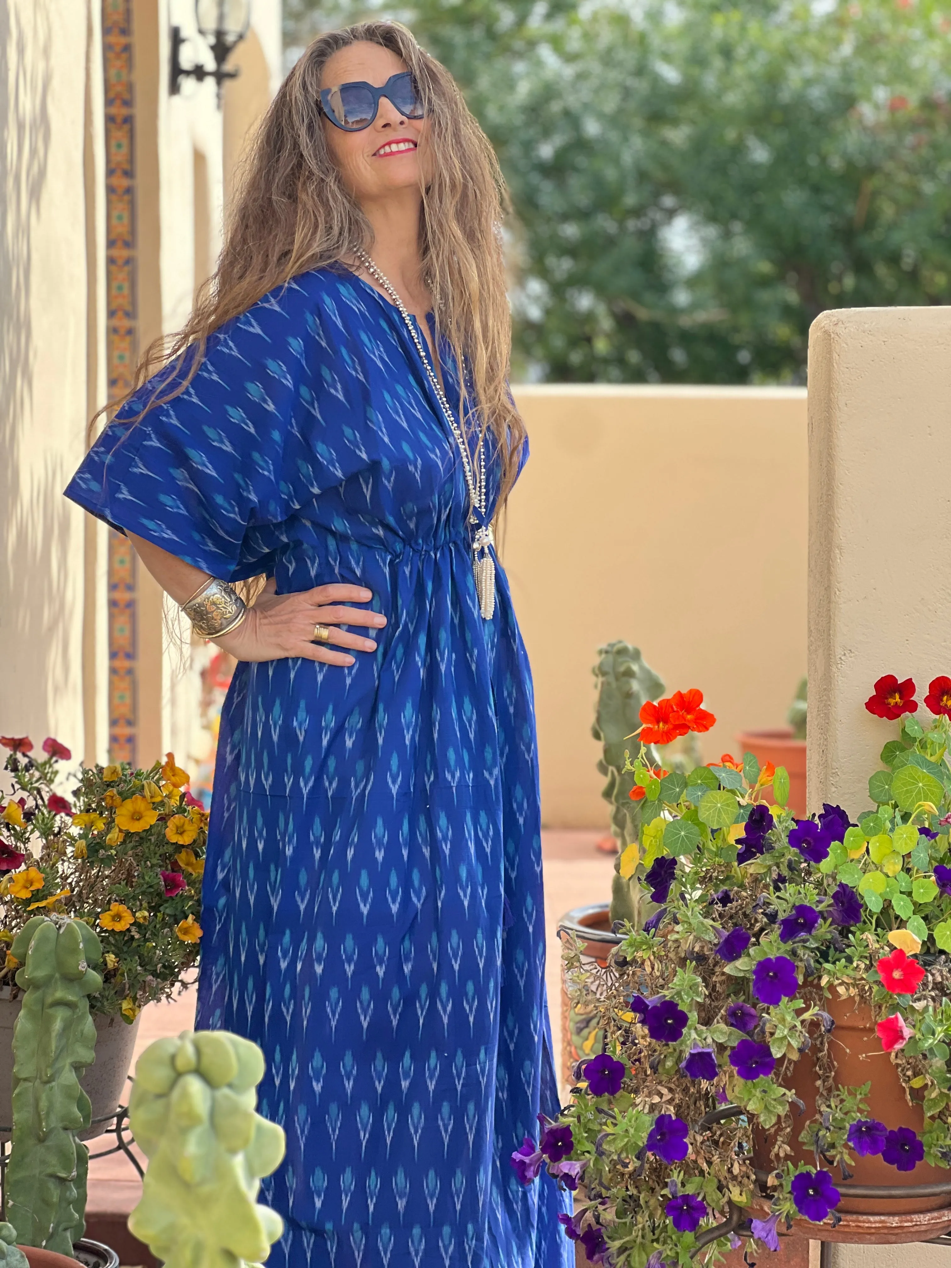 Brindisi Blue Cotton Ikat Maxi Kaftan Dress