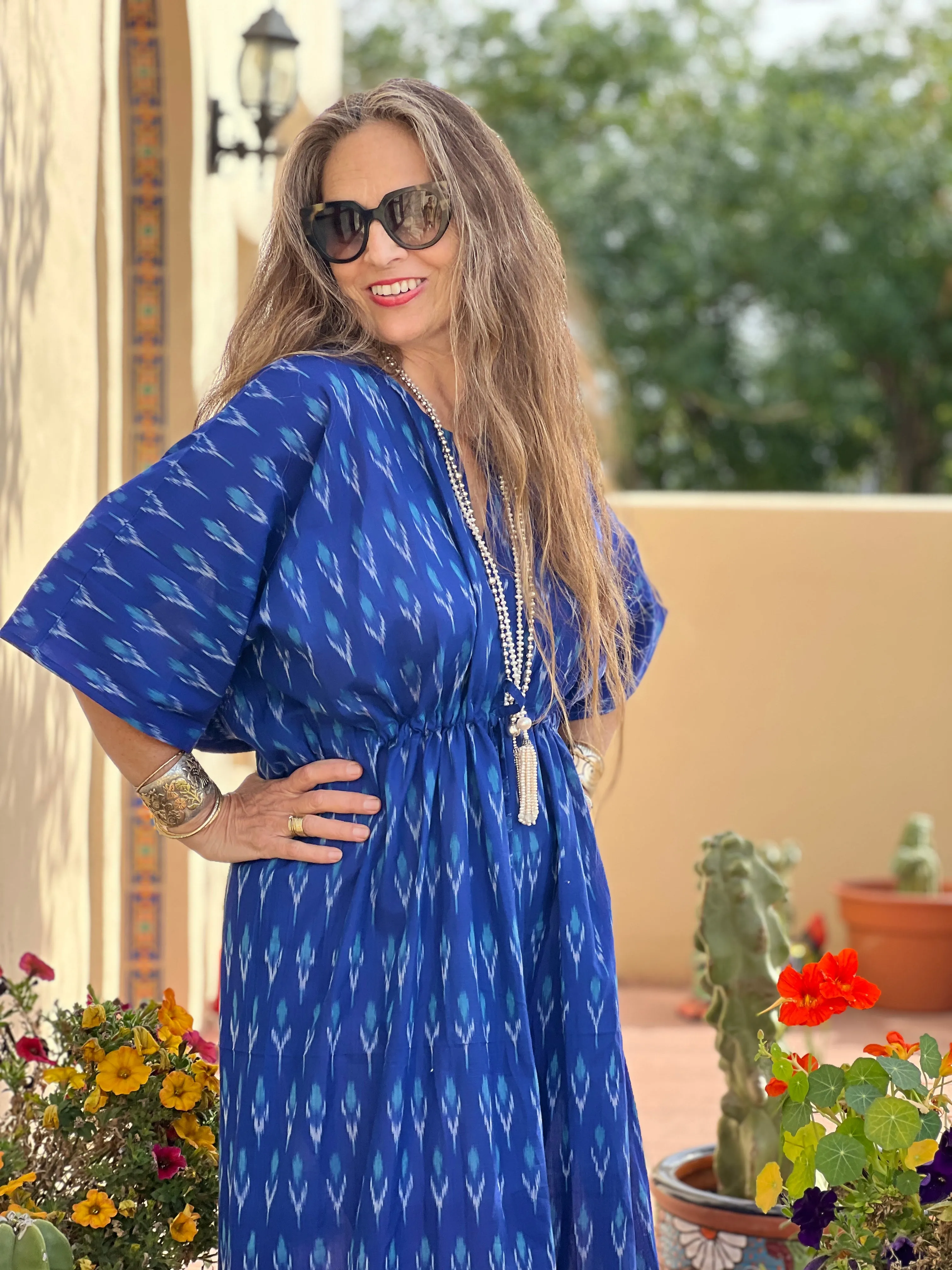 Brindisi Blue Cotton Ikat Maxi Kaftan Dress