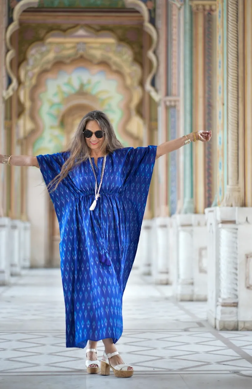 Brindisi Blue Cotton Ikat Maxi Kaftan Dress