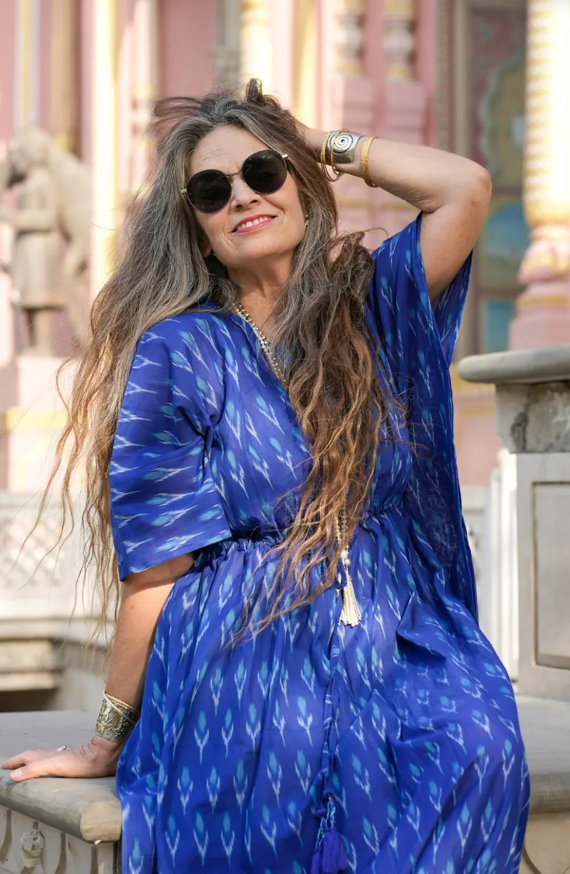 Brindisi Blue Cotton Ikat Maxi Kaftan Dress