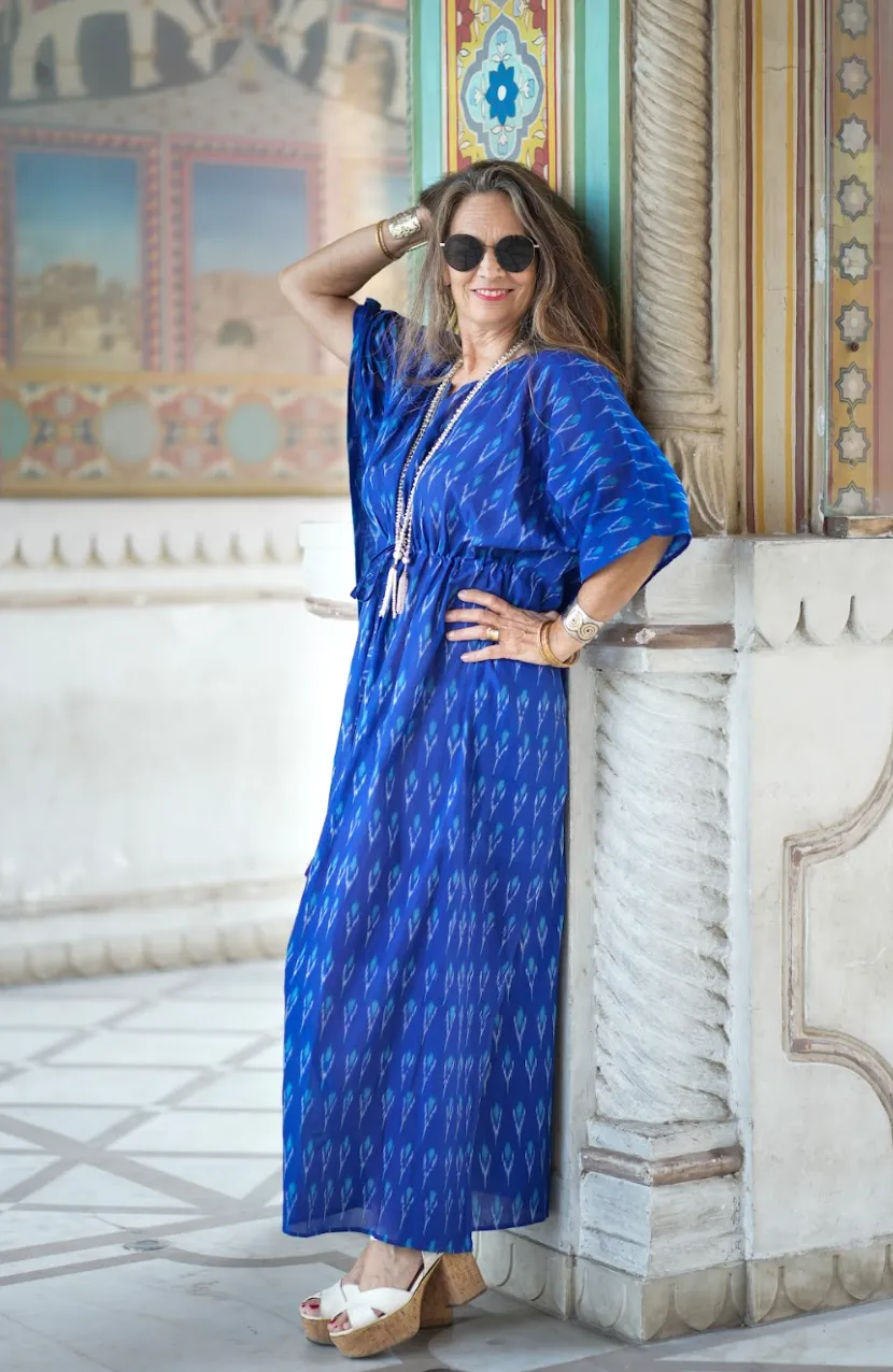 Brindisi Blue Cotton Ikat Maxi Kaftan Dress
