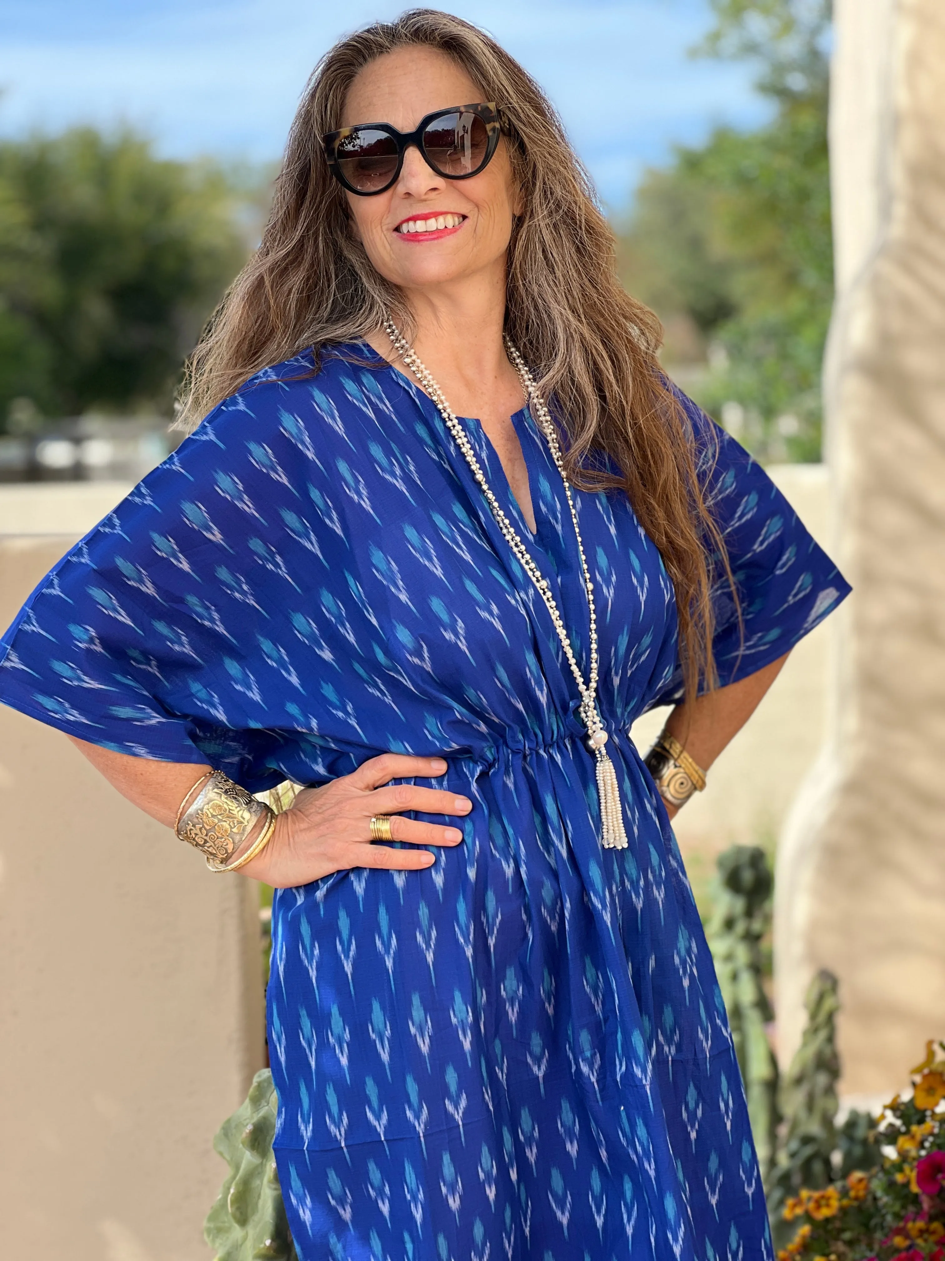 Brindisi Blue Cotton Ikat Maxi Kaftan Dress