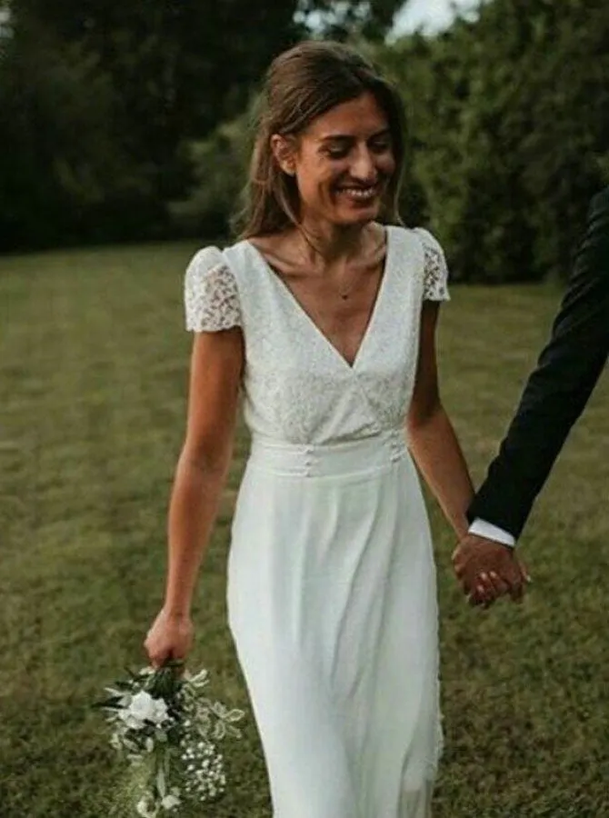Cap Sleeves Sheath V-Neck Backless Wedding Dress With Lace OW596