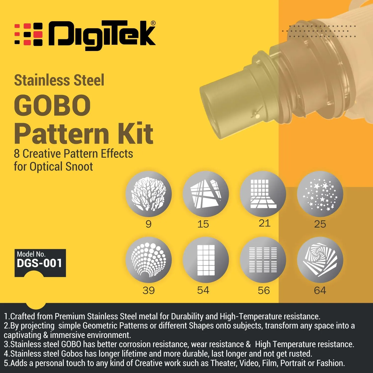 Digitek (DGS 001)Stainless Steel GOBO Pattern Kit with 8 Creative Pattern Effect for Optical Snoot