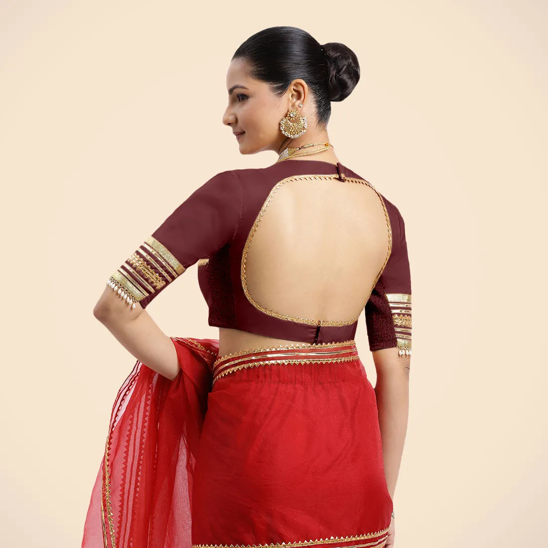 Farheen x Tyohaar | Burgundy Embellished Elbow Sleeves FlexiFit™ Saree Blouse with Zero Neck with Back Cut-Out and Golden Gota Embellishment