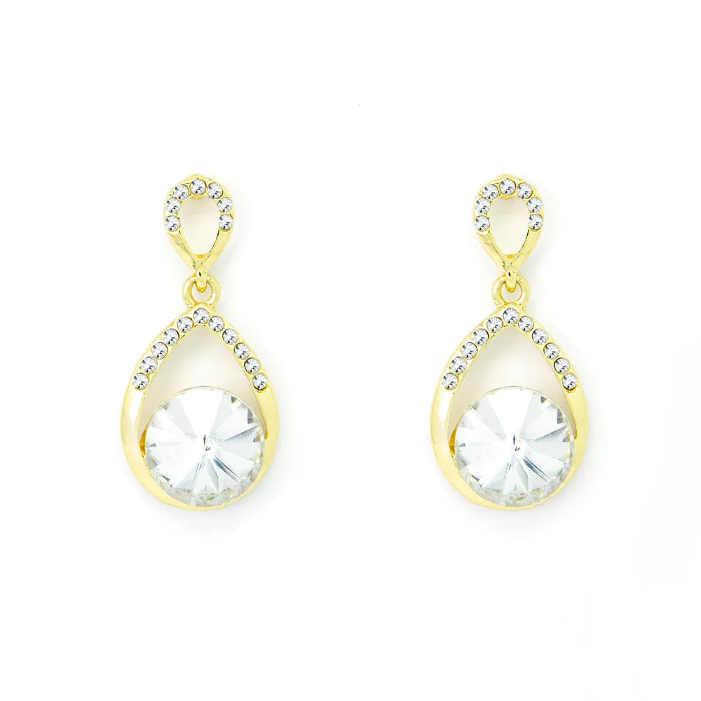 Gold tone teardrop earrings with clear crystals