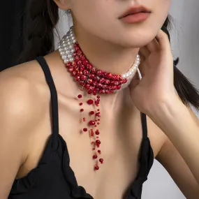 Gothic Blood Drop Fringe Necklace - Fashionable Sweet Synchronized Multi-Colored Pearl Beaded Charm