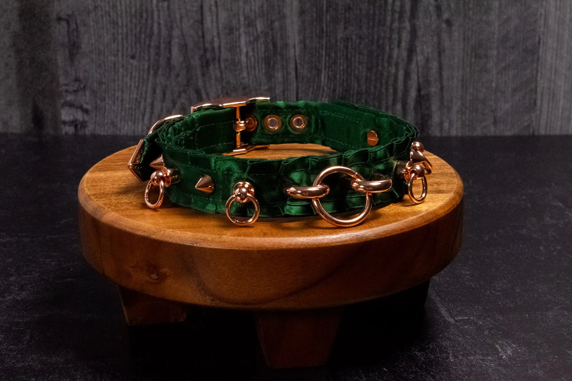 Hunter Green Rose Gold Spiked Hardware BDSM Collar