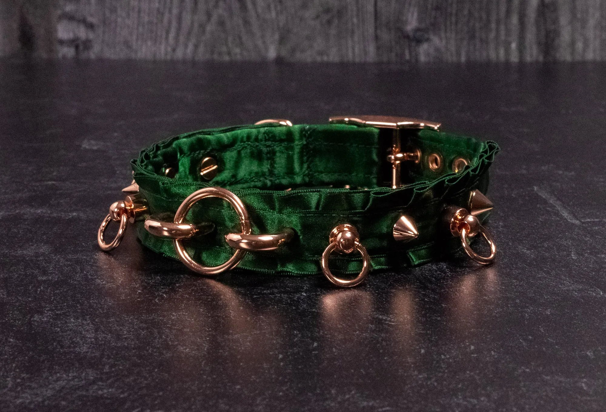 Hunter Green Rose Gold Spiked Hardware BDSM Collar