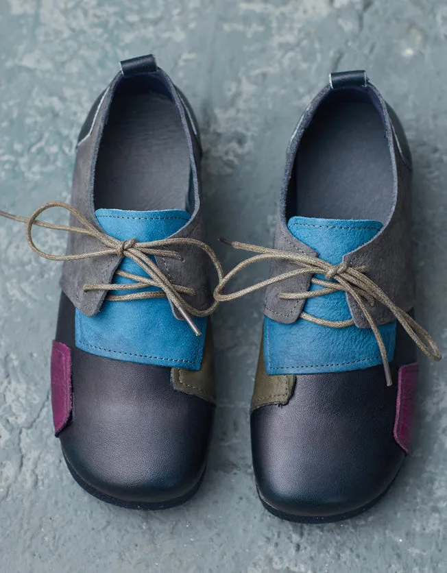 Leather Patch Round Head Lace-up Retro Flat Shoes
