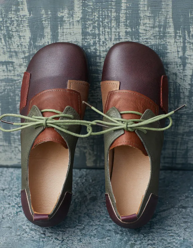 Leather Patch Round Head Lace-up Retro Flat Shoes