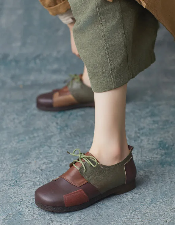 Leather Patch Round Head Lace-up Retro Flat Shoes
