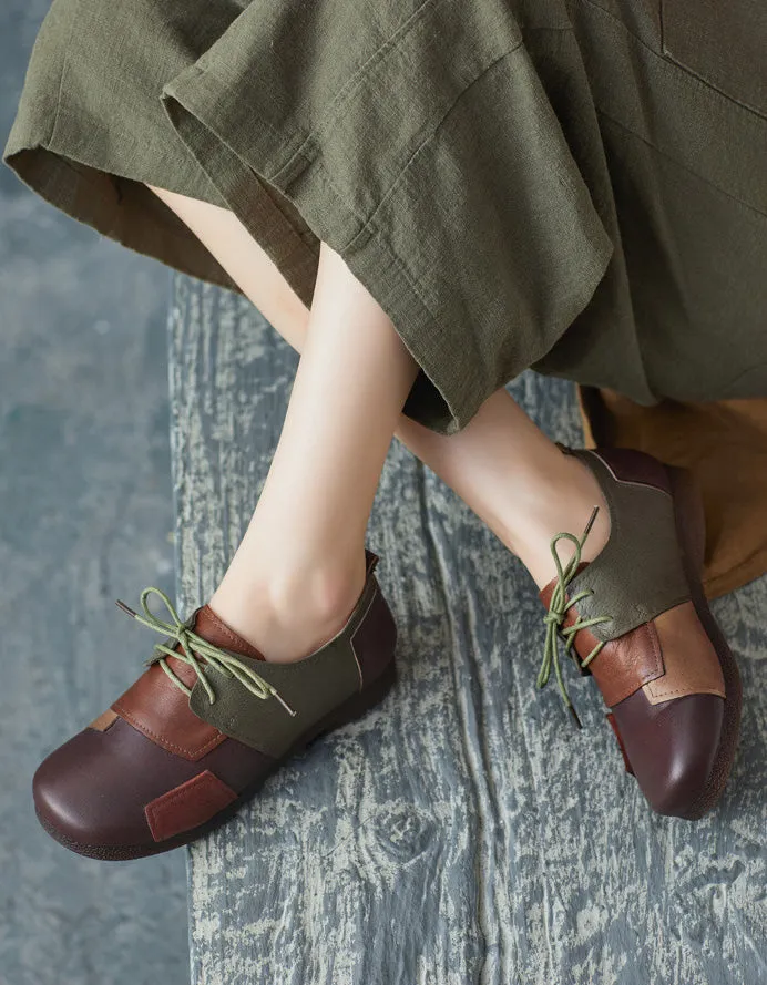 Leather Patch Round Head Lace-up Retro Flat Shoes