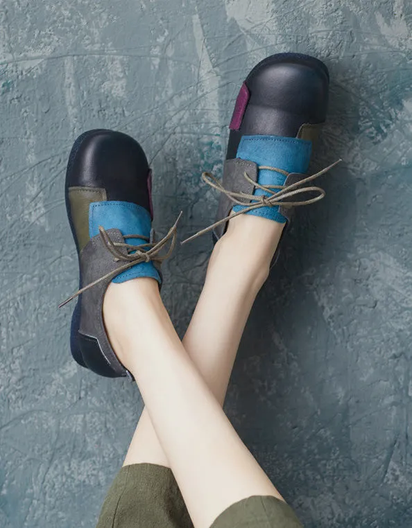Leather Patch Round Head Lace-up Retro Flat Shoes