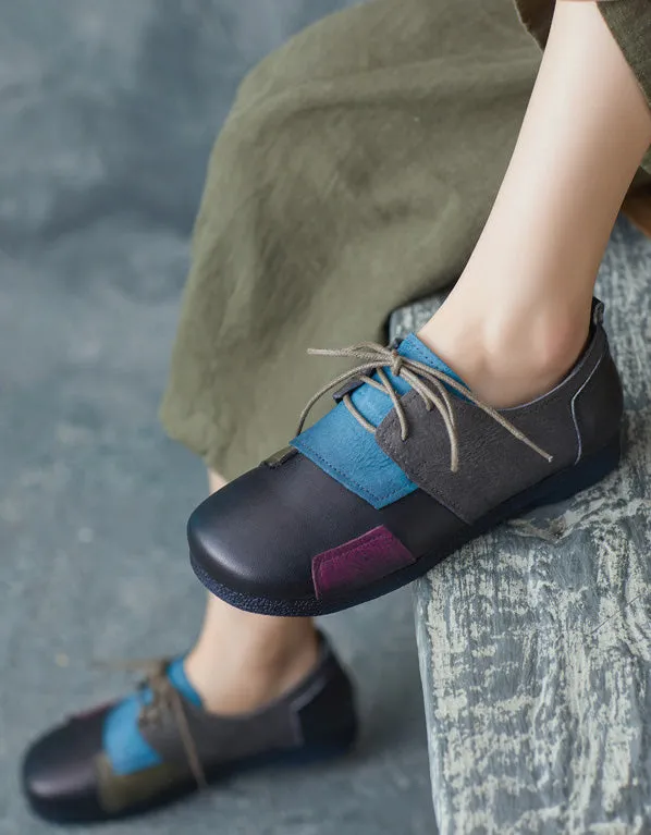 Leather Patch Round Head Lace-up Retro Flat Shoes