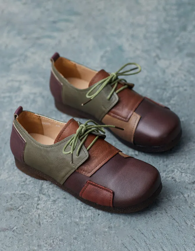 Leather Patch Round Head Lace-up Retro Flat Shoes