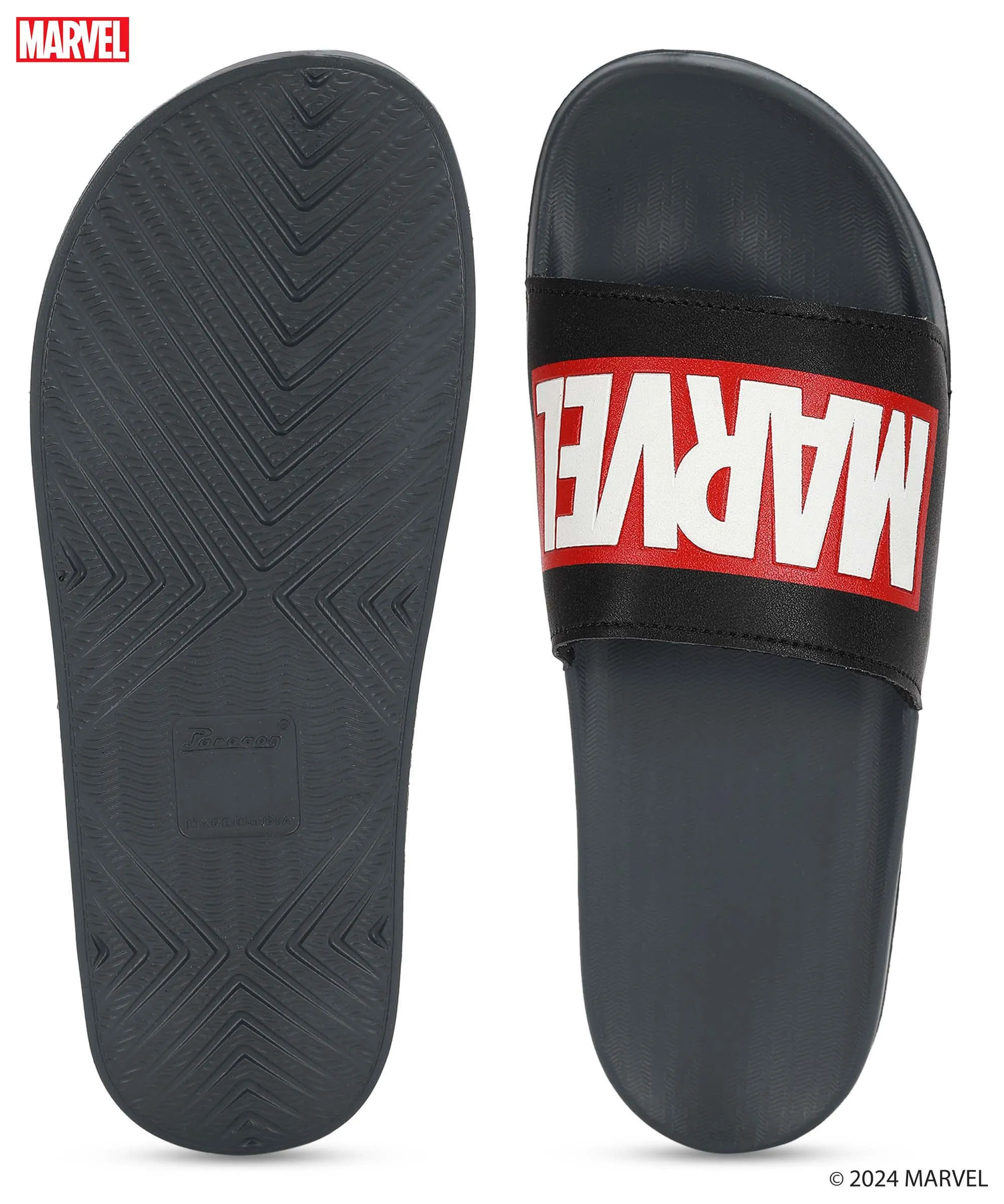 Marvel EVMK10922 Men's Black Sliders | Trendy Sliders with Cushioned & Durable Anti-Skid Construction | Waterproof & Lightweight, Perfect for Everyday Casual Wear