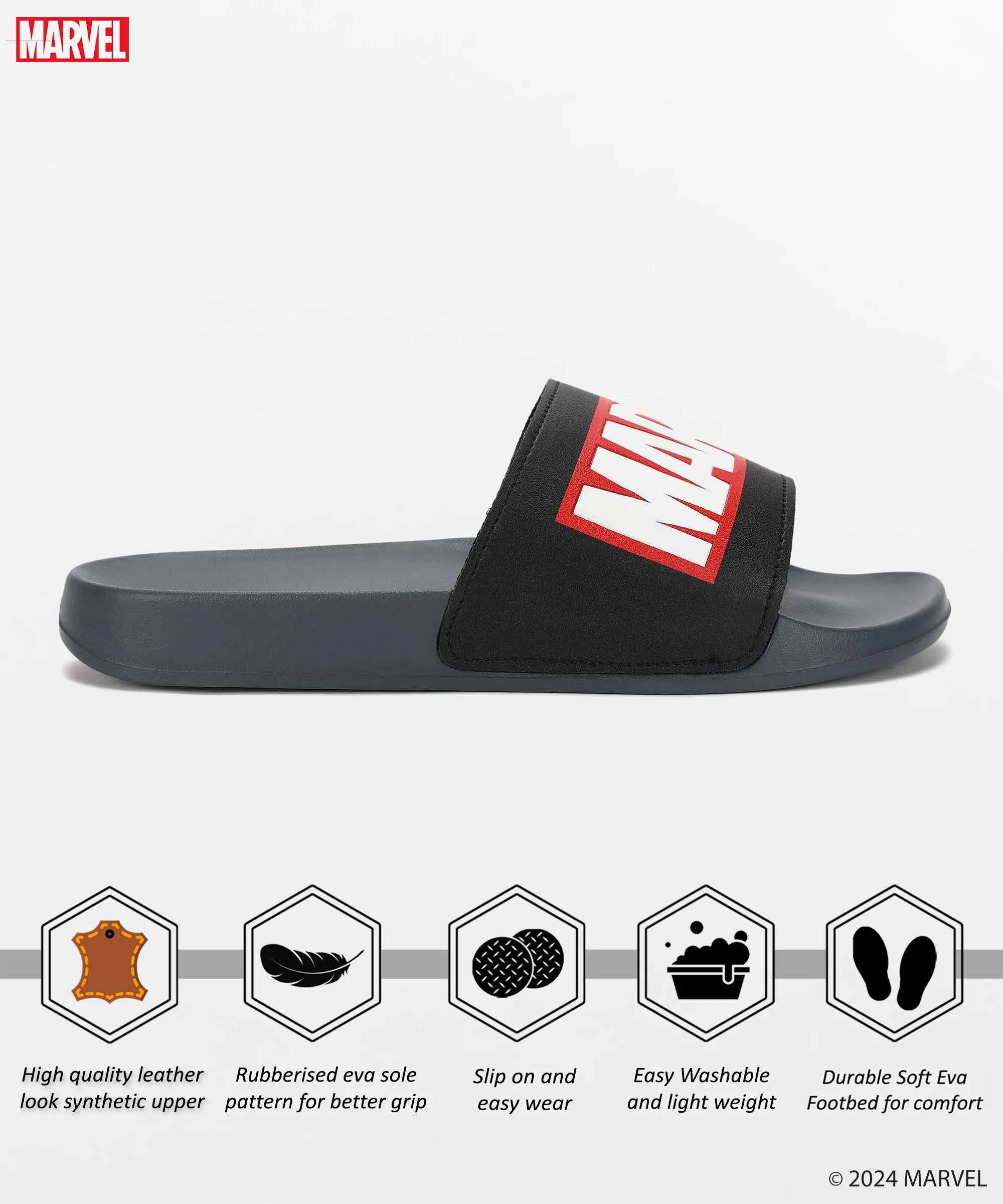 Marvel EVMK10922 Men's Black Sliders | Trendy Sliders with Cushioned & Durable Anti-Skid Construction | Waterproof & Lightweight, Perfect for Everyday Casual Wear