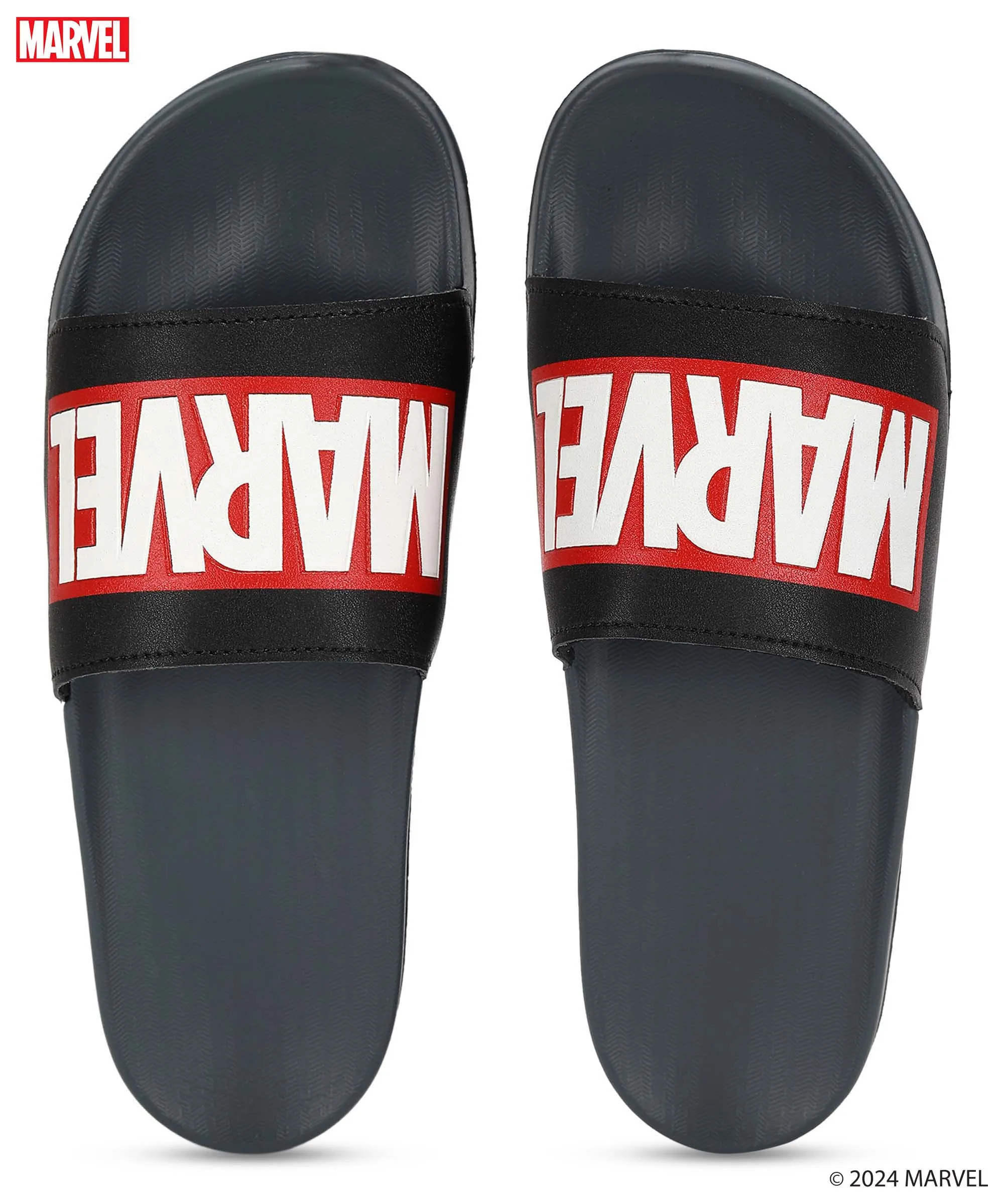 Marvel EVMK10922 Men's Black Sliders | Trendy Sliders with Cushioned & Durable Anti-Skid Construction | Waterproof & Lightweight, Perfect for Everyday Casual Wear