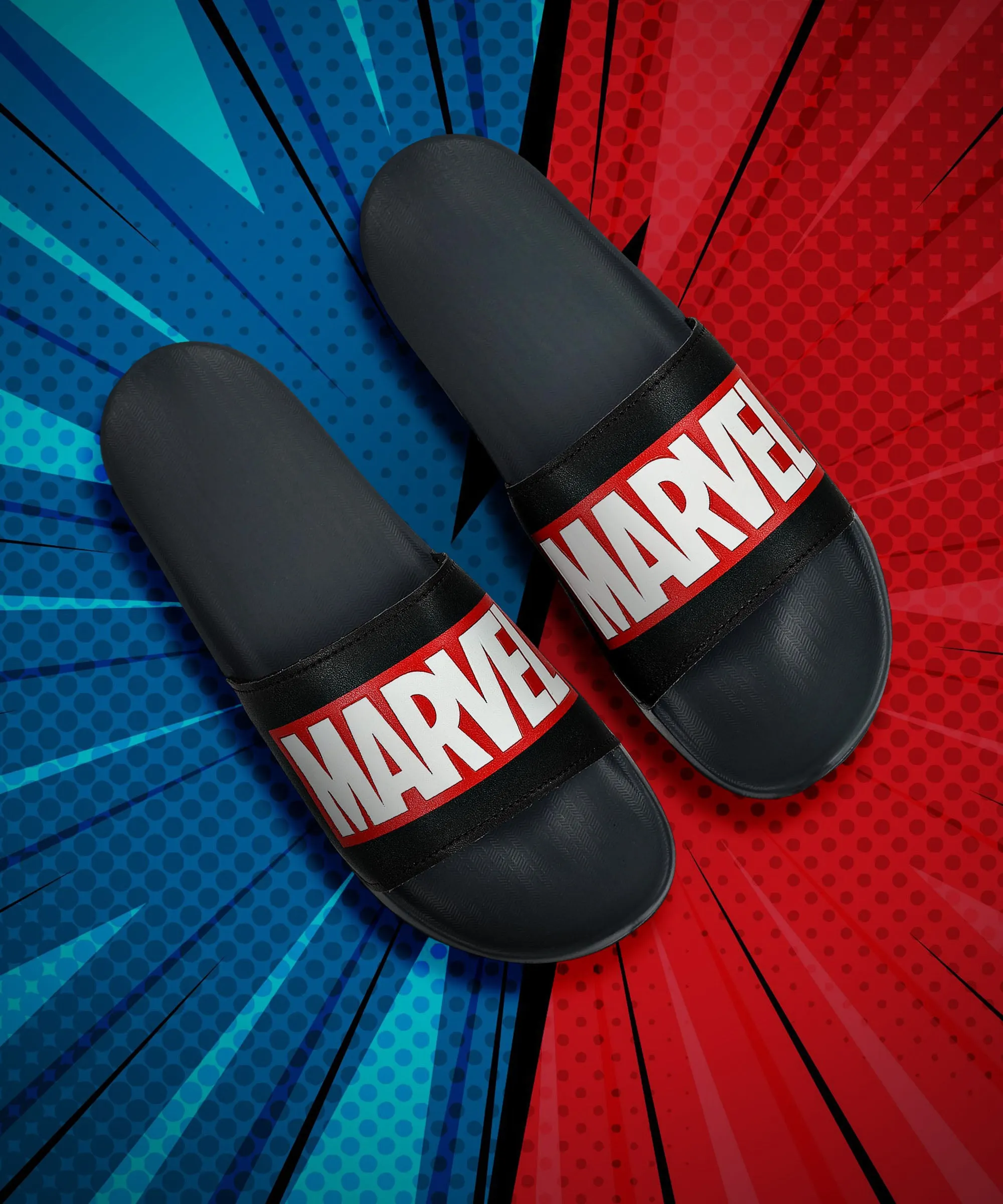 Marvel EVMK10922 Men's Black Sliders | Trendy Sliders with Cushioned & Durable Anti-Skid Construction | Waterproof & Lightweight, Perfect for Everyday Casual Wear