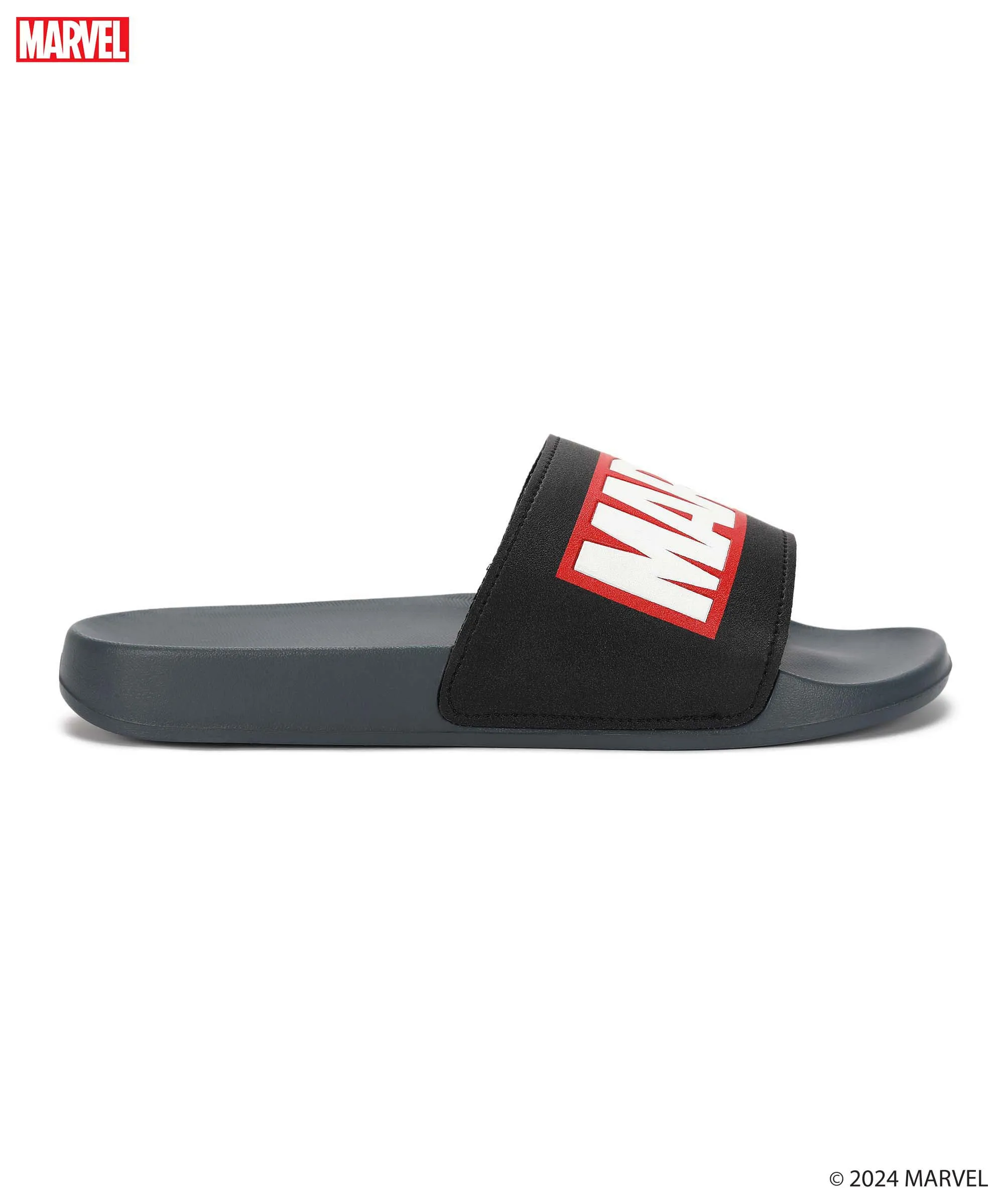 Marvel EVMK10922 Men's Black Sliders | Trendy Sliders with Cushioned & Durable Anti-Skid Construction | Waterproof & Lightweight, Perfect for Everyday Casual Wear