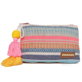 Multi Colour Striped Woven Makeup/Travel Pouch With Tassels