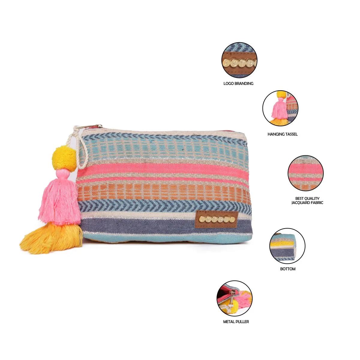 Multi Colour Striped Woven Makeup/Travel Pouch With Tassels