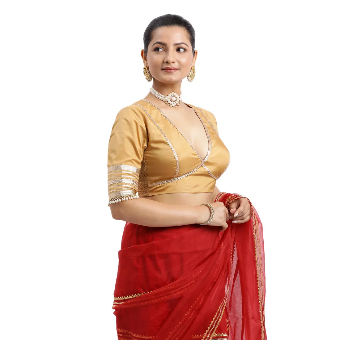 Nafeeza x Tyohaar | Gold Embellished Elbow Sleeves FlexiFit™ Saree Blouse with Plunging V Neckline with Tasteful Golden Gota Lace