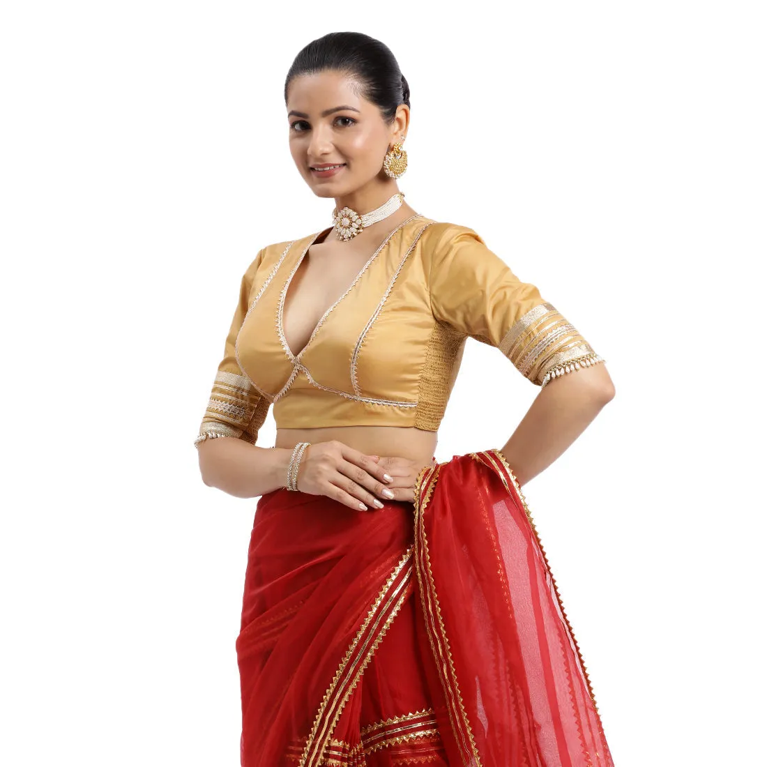 Nafeeza x Tyohaar | Gold Embellished Elbow Sleeves FlexiFit™ Saree Blouse with Plunging V Neckline with Tasteful Golden Gota Lace