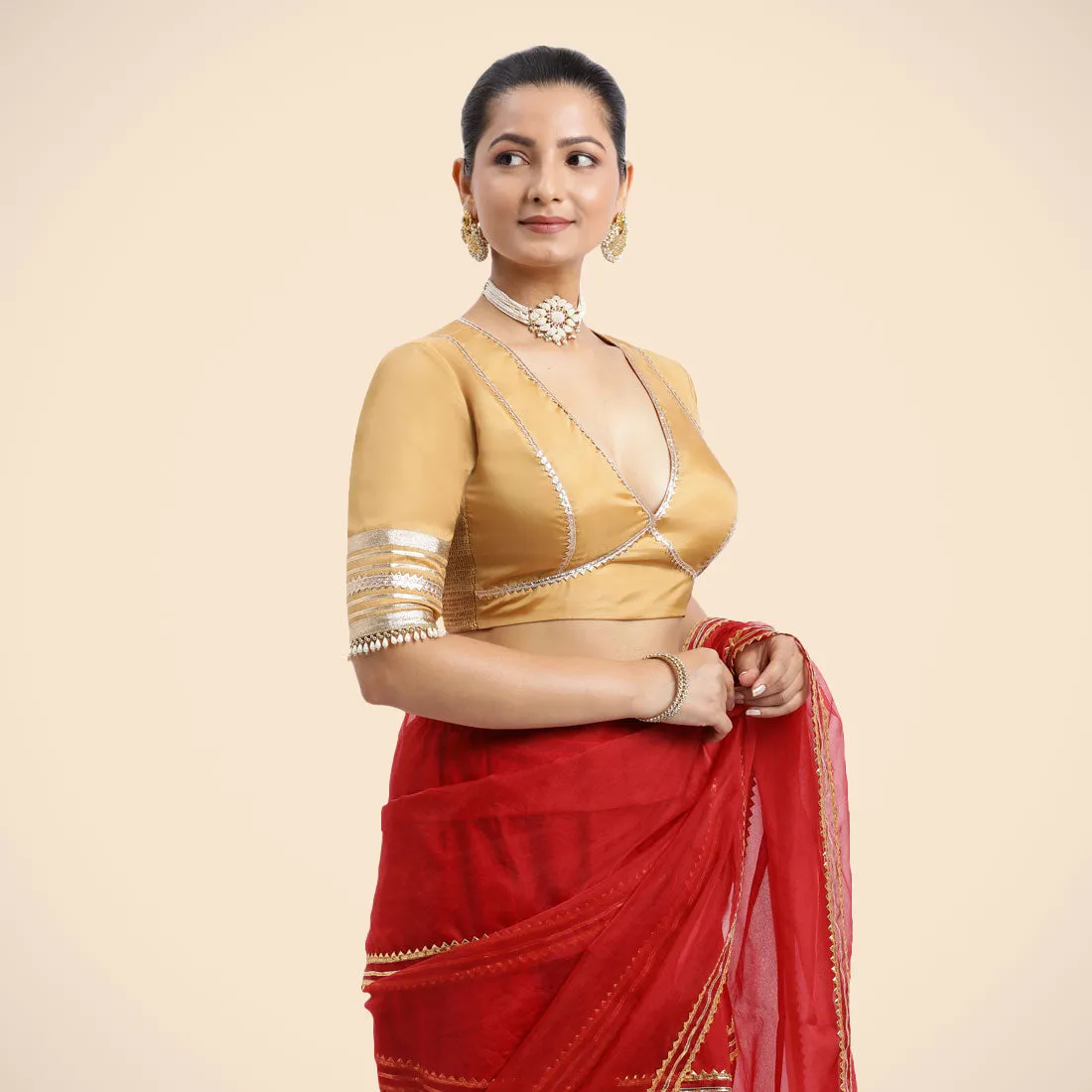 Nafeeza x Tyohaar | Gold Embellished Elbow Sleeves FlexiFit™ Saree Blouse with Plunging V Neckline with Tasteful Golden Gota Lace