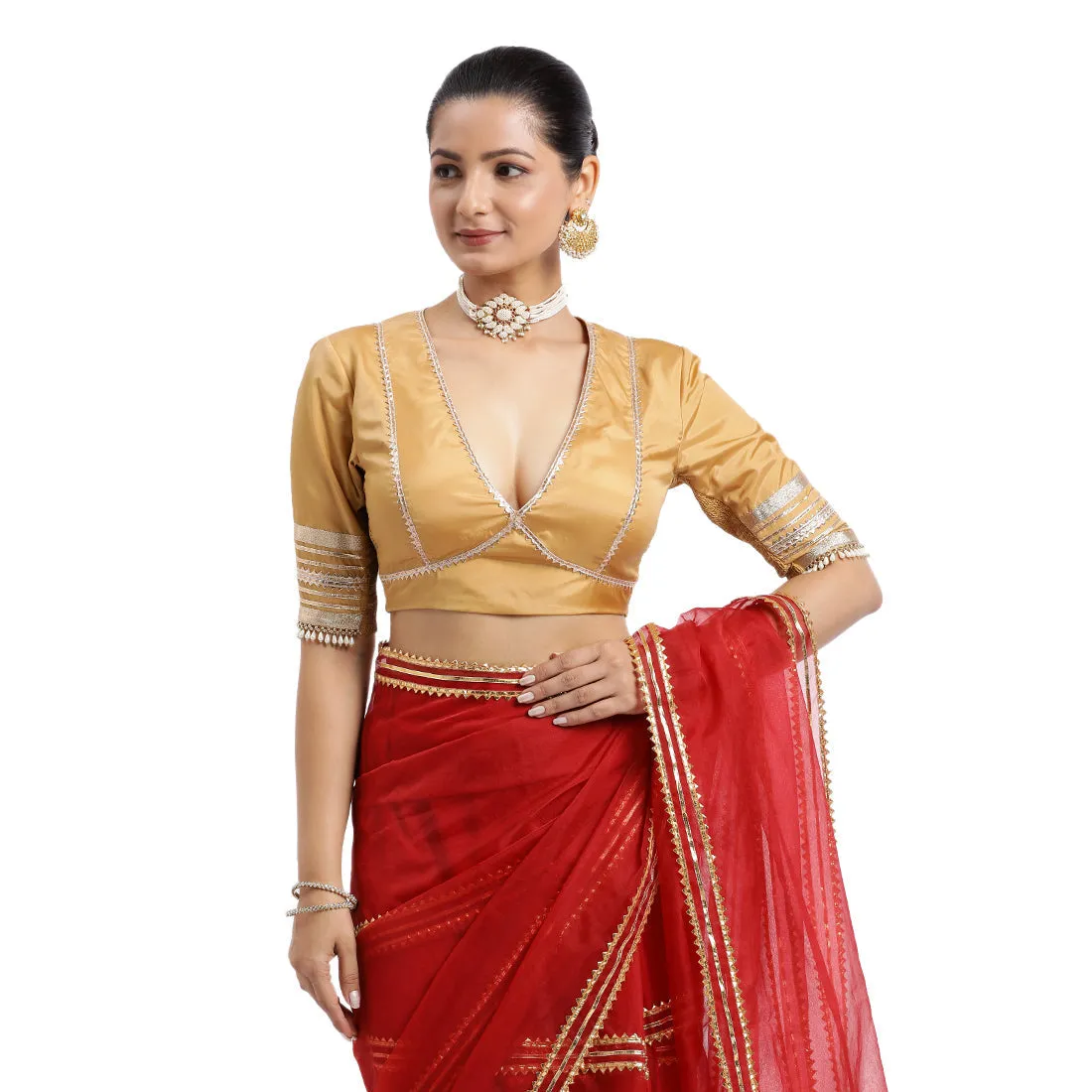 Nafeeza x Tyohaar | Gold Embellished Elbow Sleeves FlexiFit™ Saree Blouse with Plunging V Neckline with Tasteful Golden Gota Lace