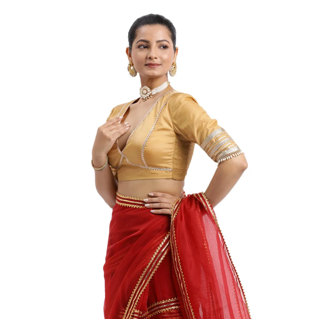 Nafeeza x Tyohaar | Gold Embellished Elbow Sleeves FlexiFit™ Saree Blouse with Plunging V Neckline with Tasteful Golden Gota Lace