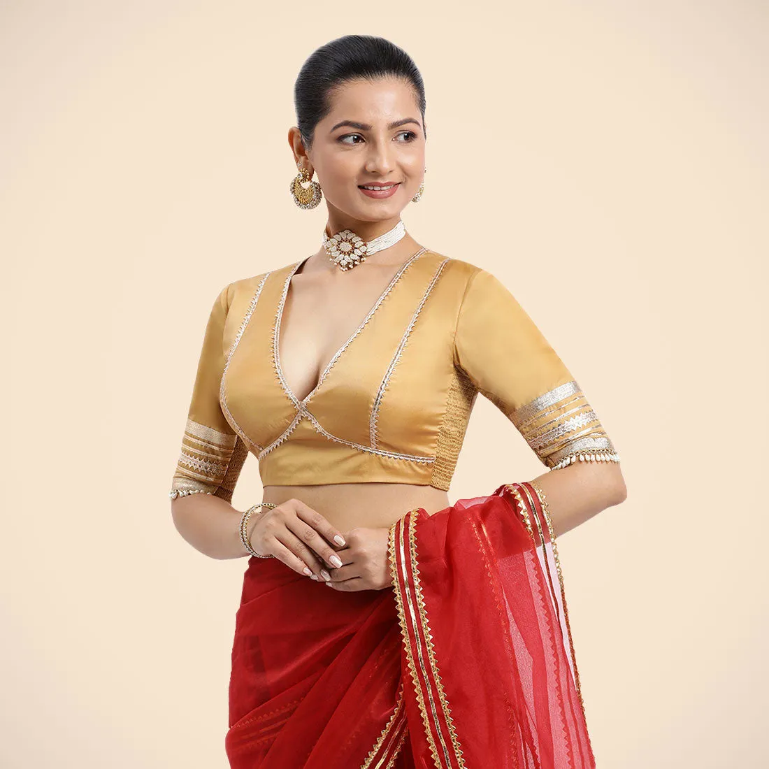 Nafeeza x Tyohaar | Gold Embellished Elbow Sleeves FlexiFit™ Saree Blouse with Plunging V Neckline with Tasteful Golden Gota Lace