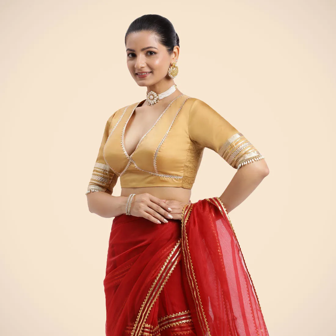 Nafeeza x Tyohaar | Gold Embellished Elbow Sleeves FlexiFit™ Saree Blouse with Plunging V Neckline with Tasteful Golden Gota Lace