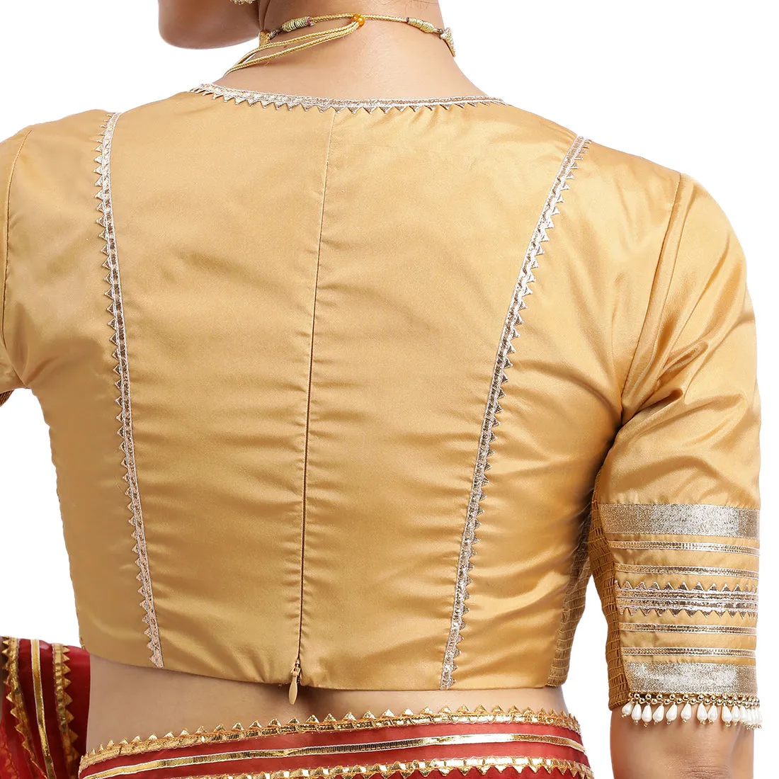 Nafeeza x Tyohaar | Gold Embellished Elbow Sleeves FlexiFit™ Saree Blouse with Plunging V Neckline with Tasteful Golden Gota Lace