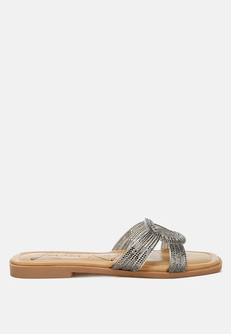 Rhinestones Embellished Flat Sandals By Ruw