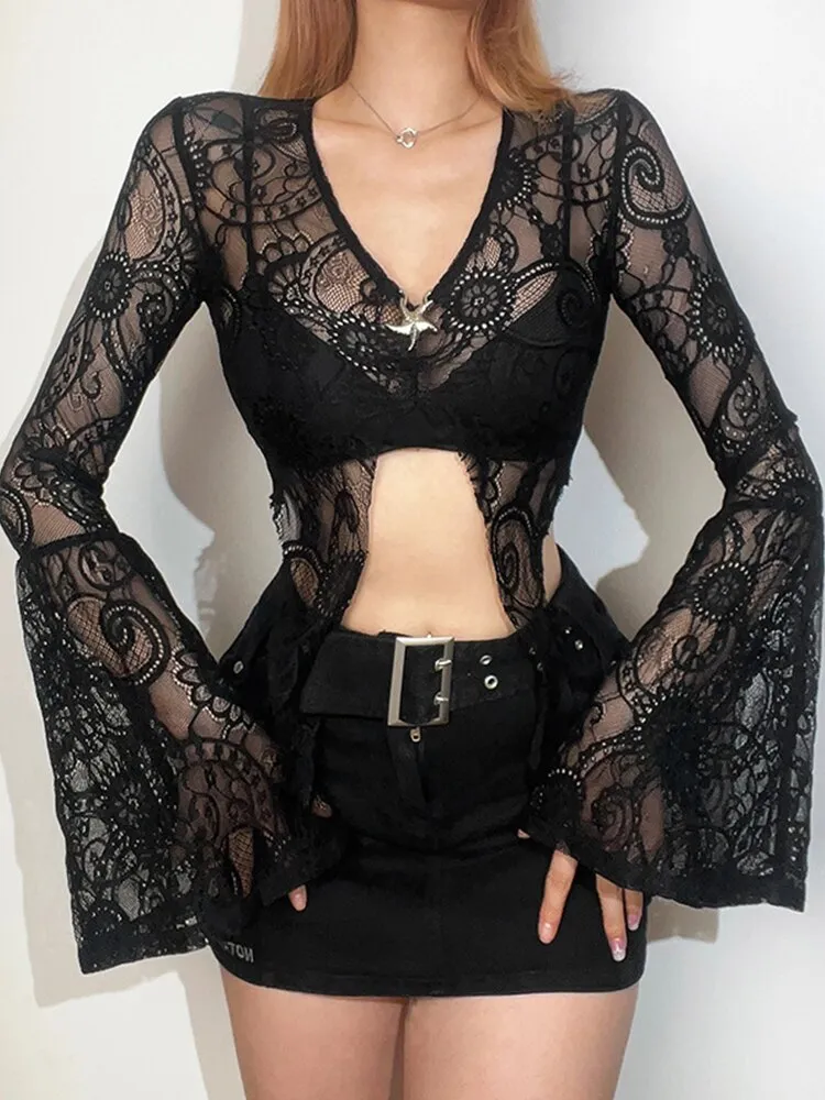 'Rock n Roll' Black Lace Gothic Flare Sleeve Top