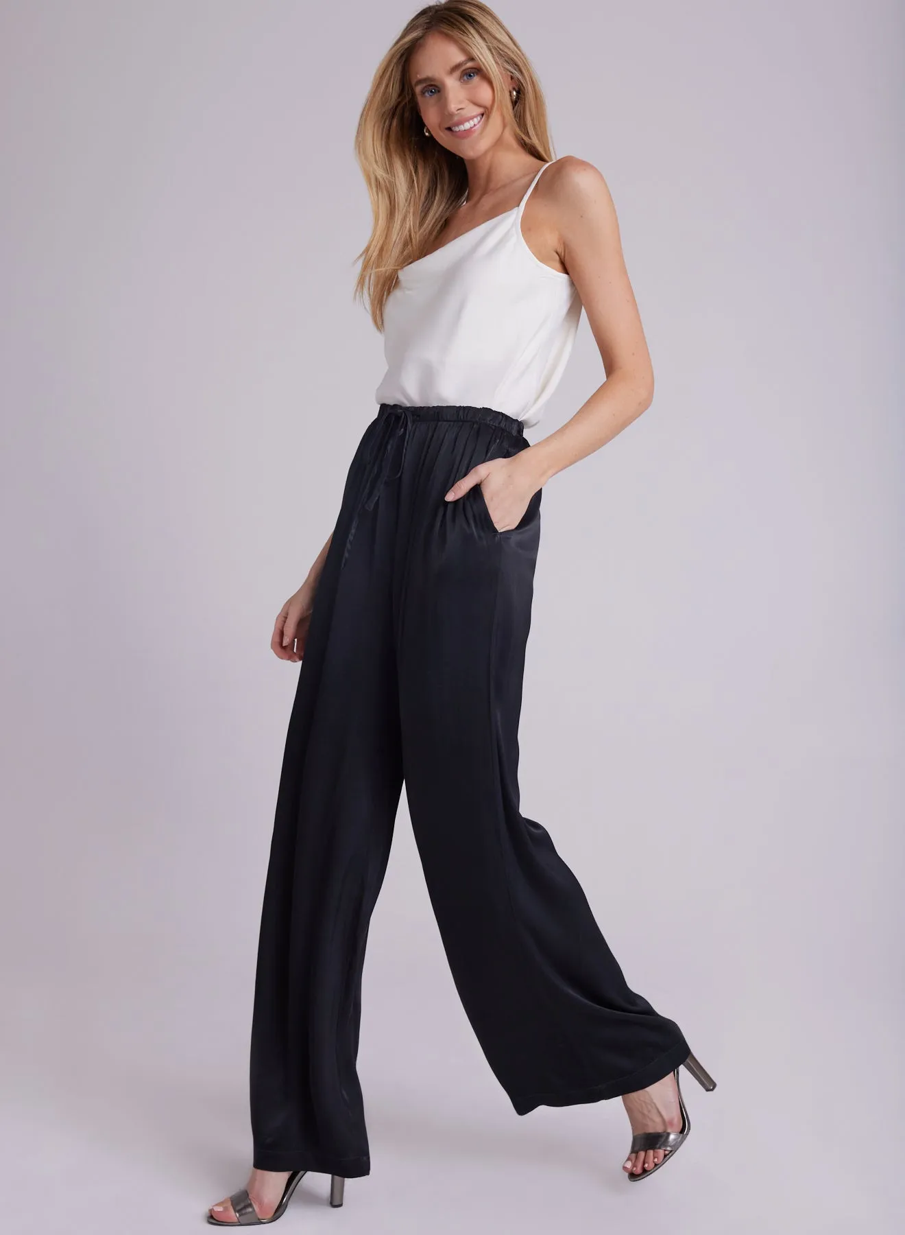 Satin Pleated Wide Leg Pant - Black