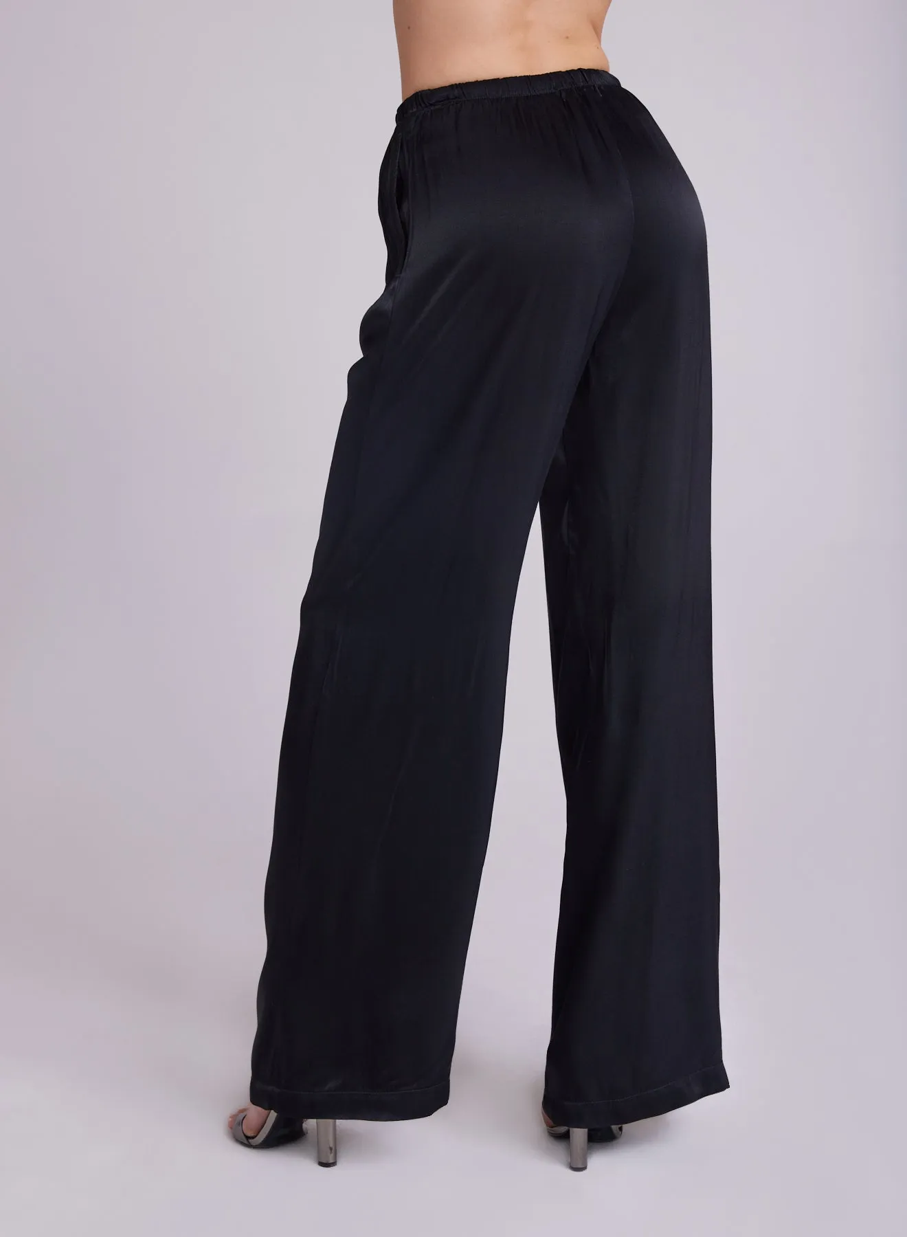 Satin Pleated Wide Leg Pant - Black
