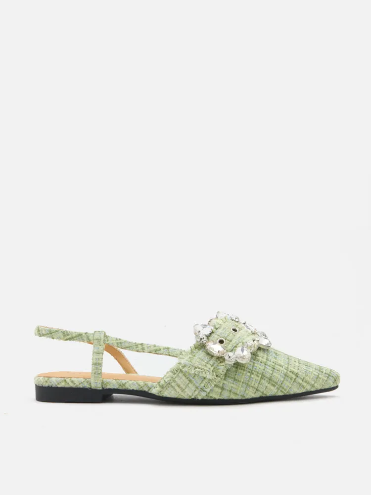 Sofie Tweed Diamante Buckle Slingback Flats